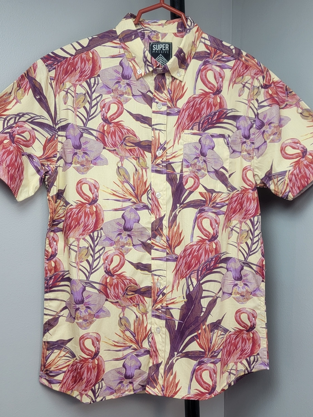 Super Massive Purple Vintage Yellow Flamingos Orchid 100% Cotton Sirt Top Size M